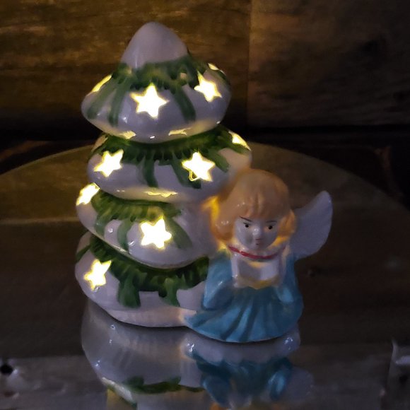 Ceramic Glazed Christmas Tree & Angel Tealight Holder  - Handpainted - Picture 1 of 5